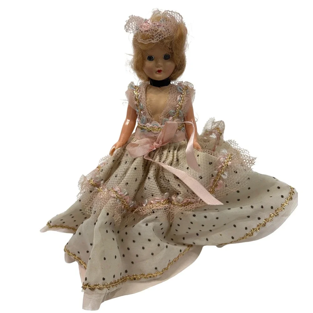 Vintage 7.5 Inch Plastic Doll Polka Dot Tulle Gown Pink Lace Trim Pink Satin